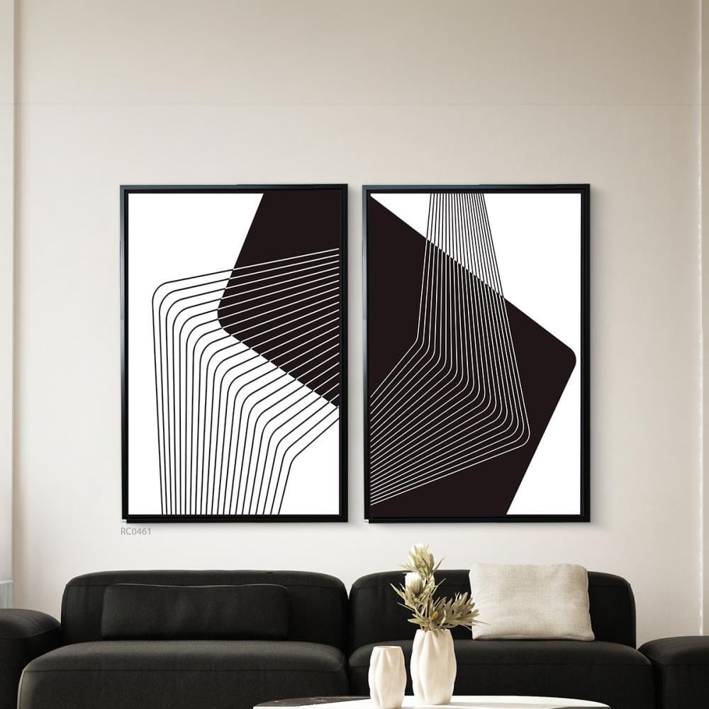 لوحة جدارية كانفس بتصميم خطوط واشكال مندمجة باللون الاسود والابيض