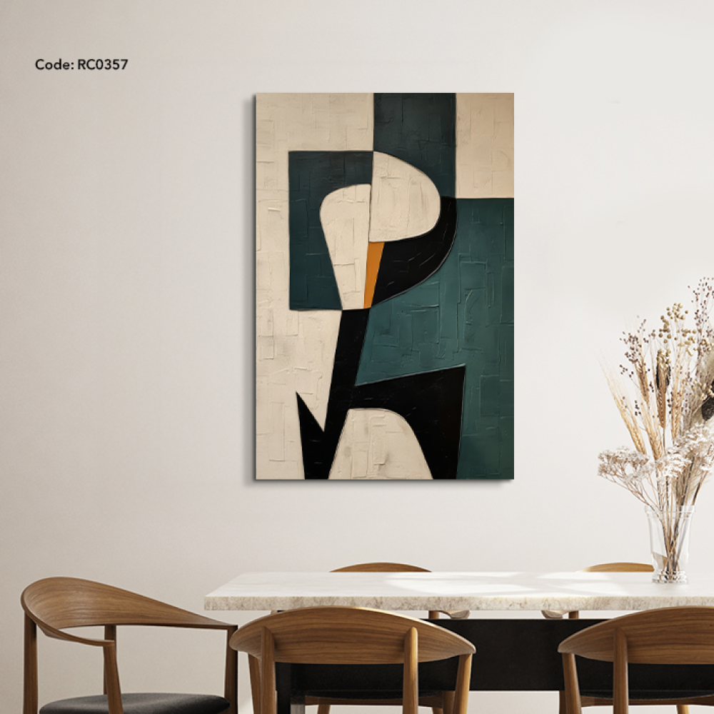 A canvas wall painting featuring a modern design in shades of green, beige, and black.