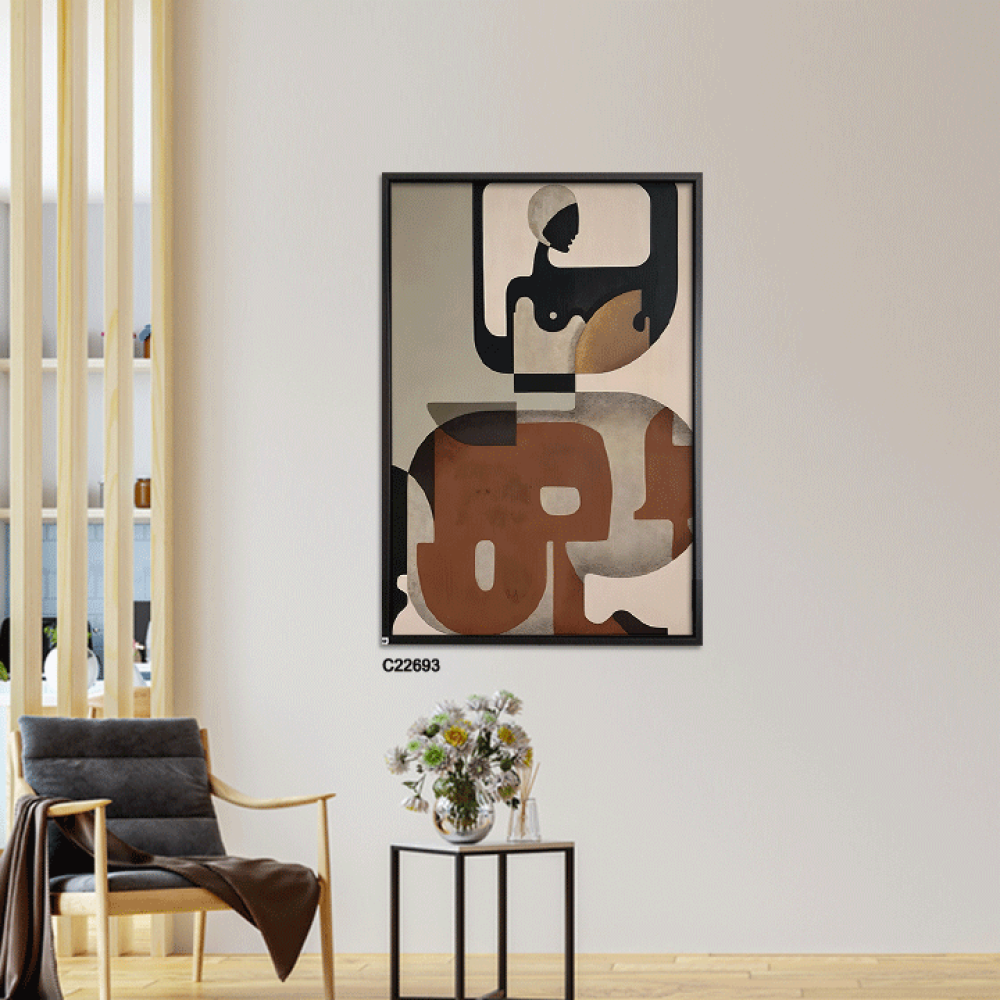 لوحة جدارية يظهر في الجزء العلوي وجه امرأة بتفاصيل بسيطة مجردة