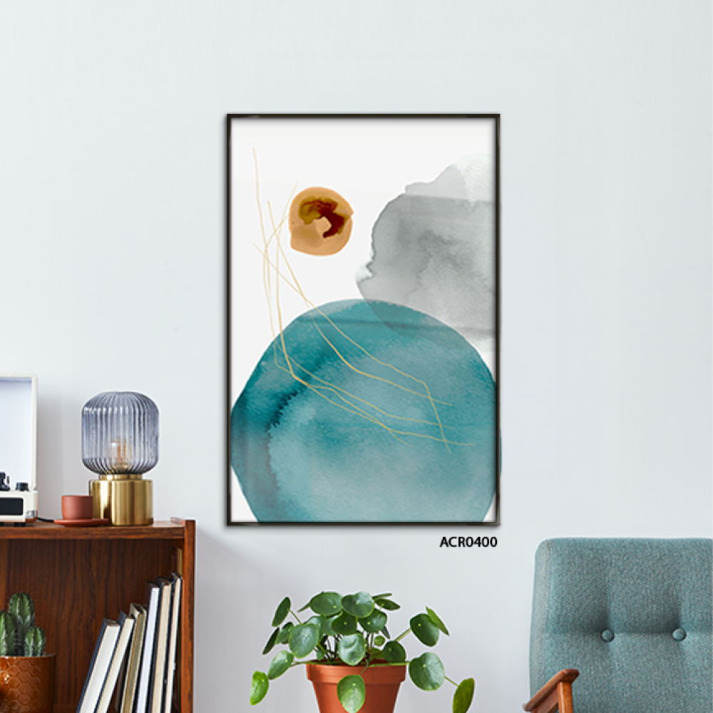 لوحة جدارية اكريليك تتميز بتصميم دائري يجمع بين تدرجات من الأخضر التركوازي والبني مع الرمادي والأبيض.