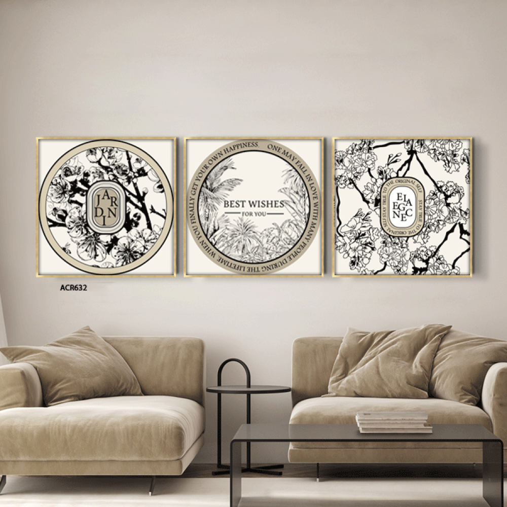 لوحة جدارية اكريليك بتصميم مميز يشمل تقسيمًا لأوراق الشجر والورود في دوائر، بتدرجات من الأسود مع البيج.
