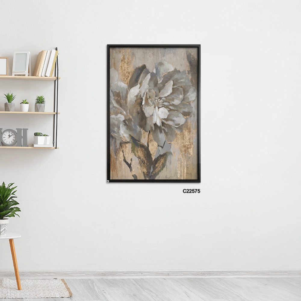 لوحة  جدارية كانفس تصور وردة بتدرجات الرمادي و الذهبي