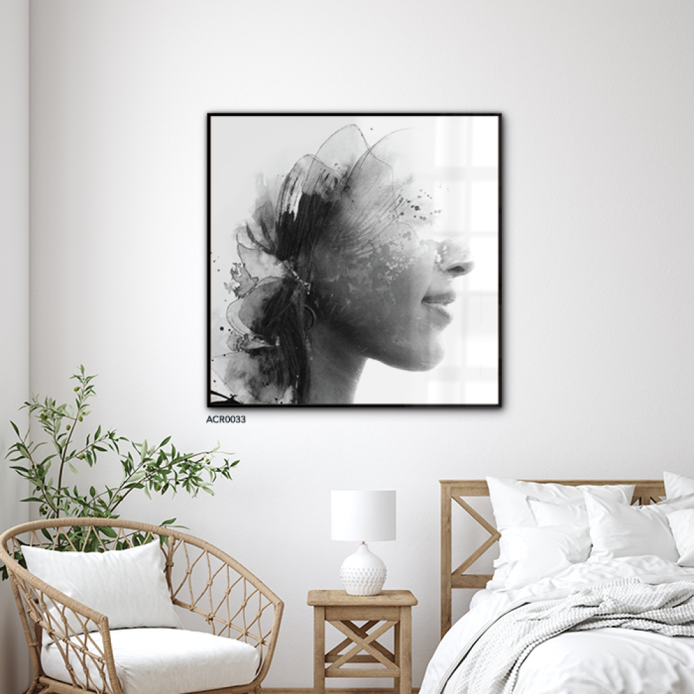 لوحة جدارية اكريليك يصور فتاة بتدرجات الأسود والرمادي مع الأبيض