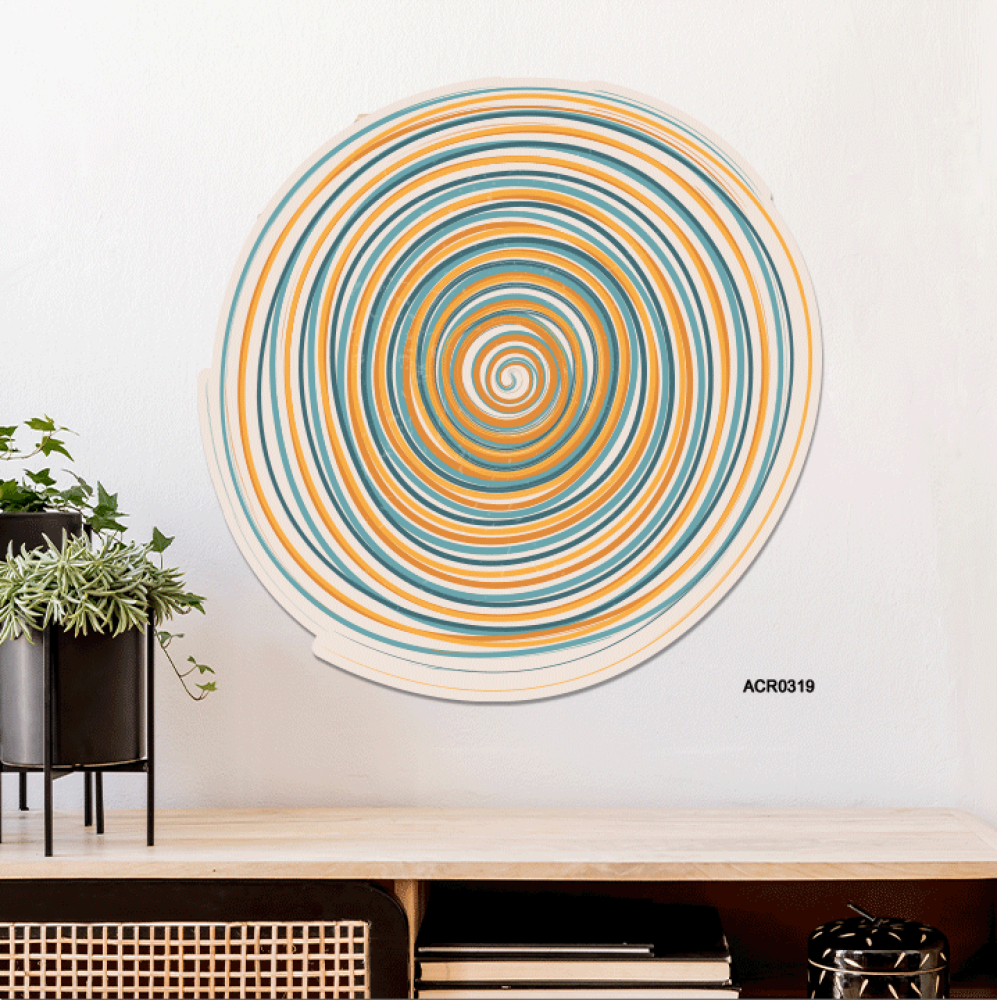 لوحة جدارية أكريليك بتصميم يتضمن دوامة تشبه الموج بتدرجات الأصفر والأخضر السماوي مع البيج