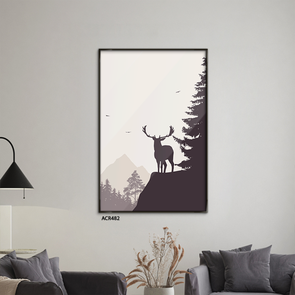 لوحة جدارية اكريليك يصوّر غابة مع شجر وغزال، بتدرجات من الرمادي والأسود مع الأبيض