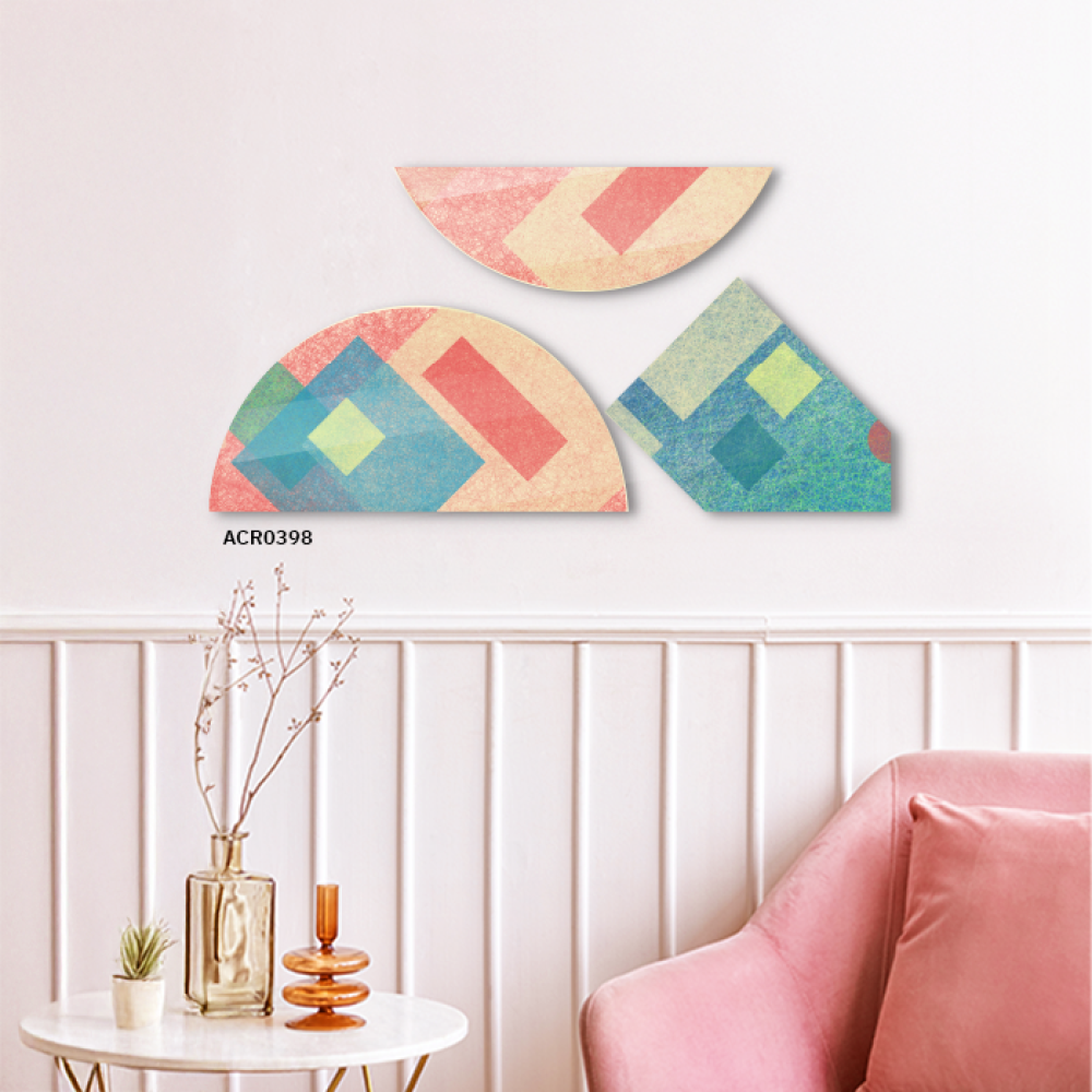 لوحة جدارية أكريليك تصميم الأنصاف الدائرية مع التدرجات الهادئة من الأحمر والأخضر مع البيج