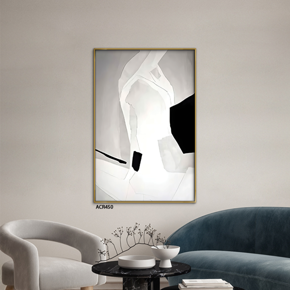 لوحة جدارية اكريليك تصور أشكال متداخلة تدرجات من اللون الرمادي مع الأسود والأبيض