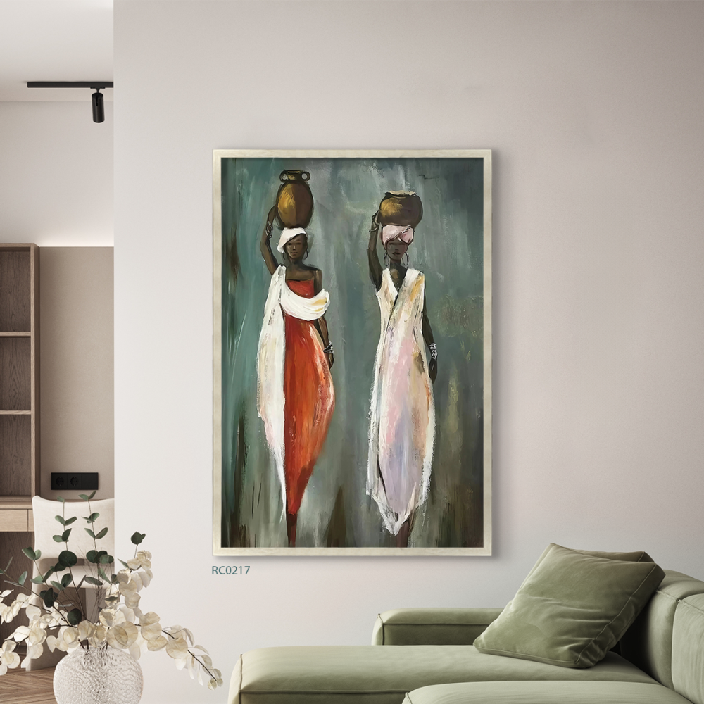 لوحة جدارية كانفس ، سيدات أفريقيات يحملن جرار تدرجات الأبيض والأحمر تيفاني