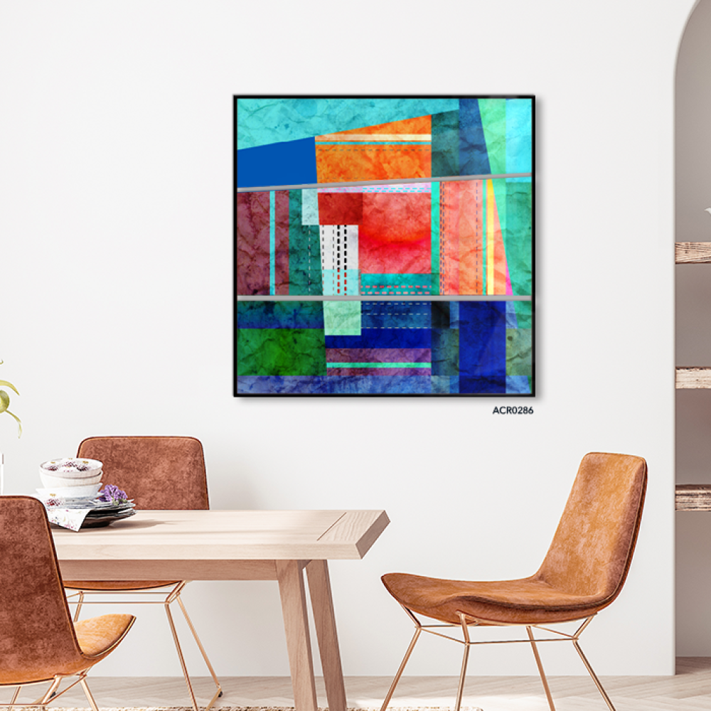 لوحة جدارية اكريليك تتميز بأشكال هندسية بألوان الأزرق والبرتقالي