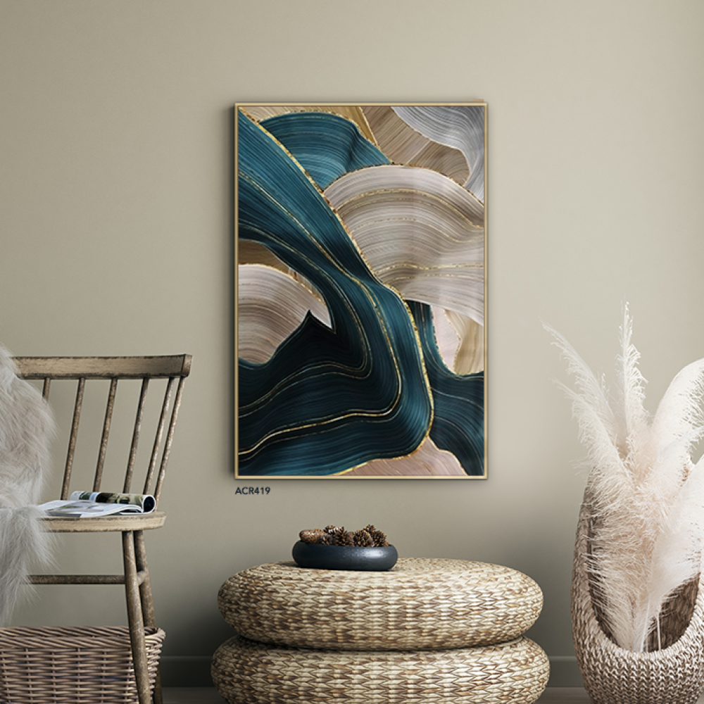 لوحة جدارية اكريليك تصميم تموجات متداخلة بتدرجات الزيتي والذهبي