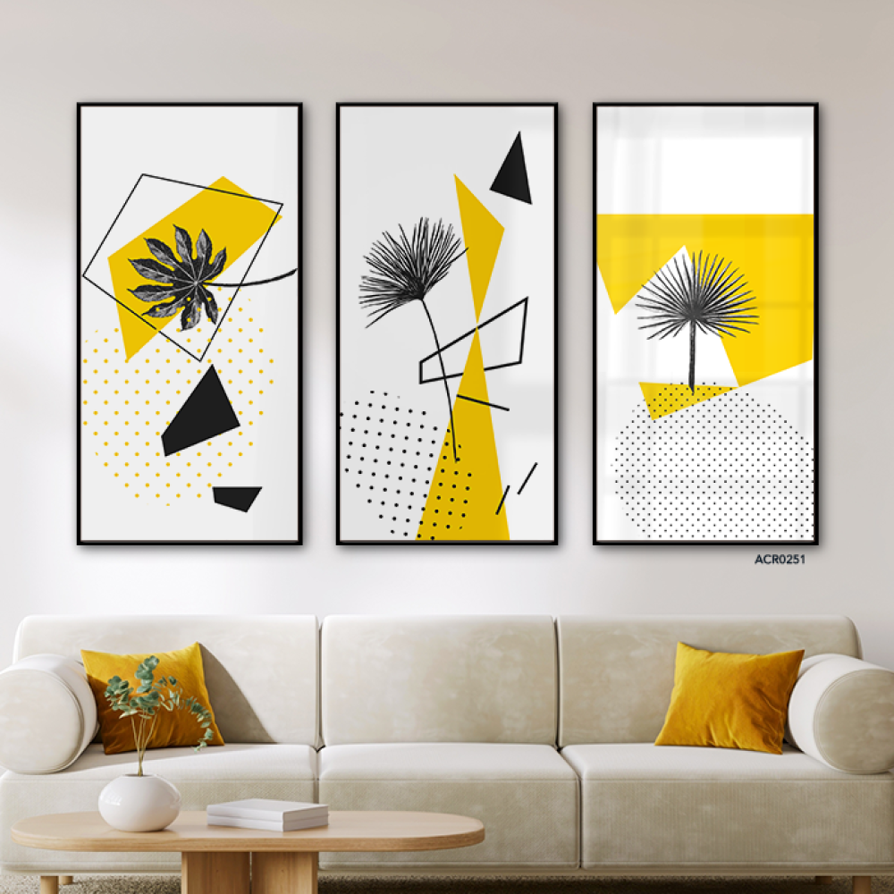 لوحة جدارية اكريليك مقسمة اشجار ورق تدرجات الاصفر مع الرمادي