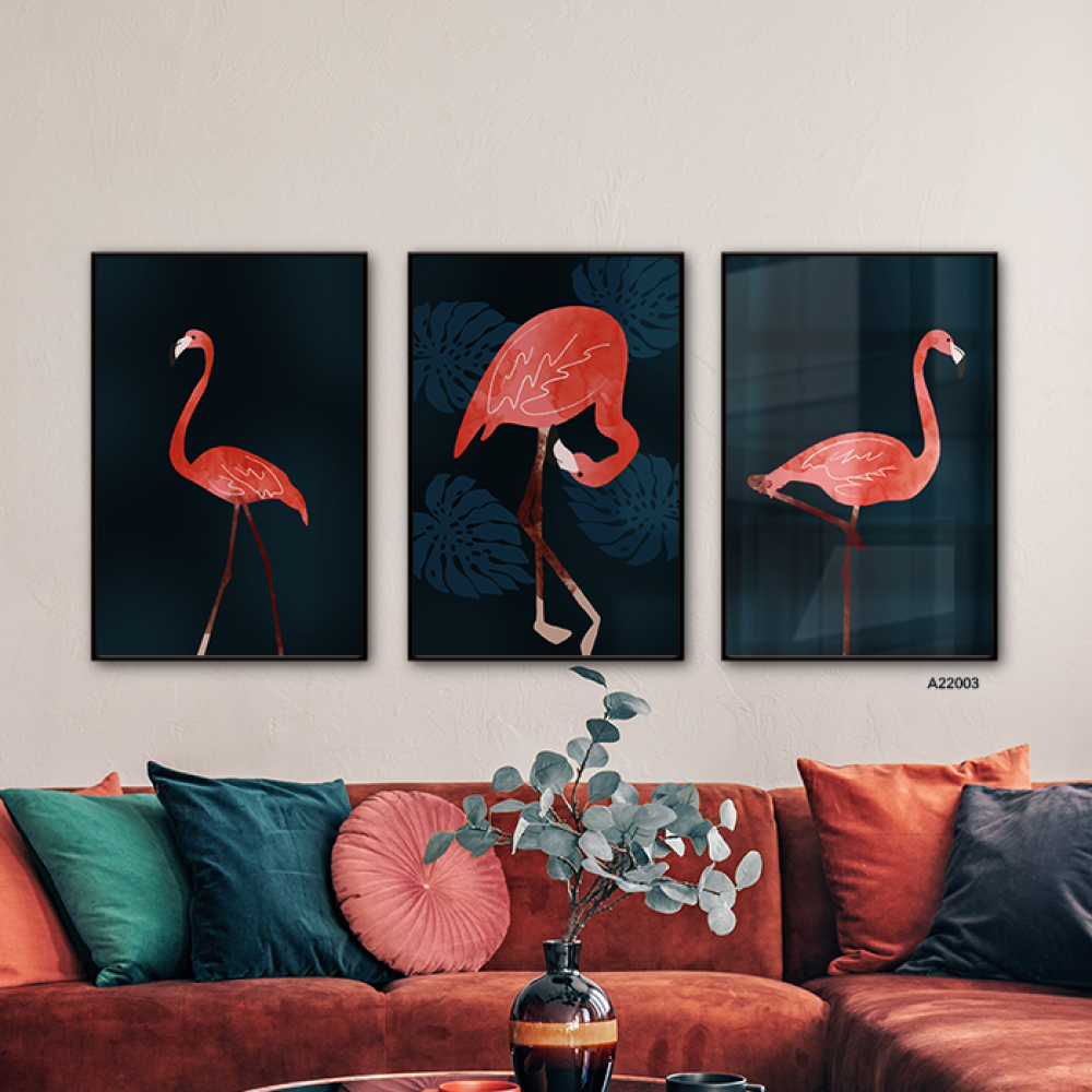 لوحة جدارية اكريليك مقسمة طائر فلامنجو بتدرجات الأزرق والوردي