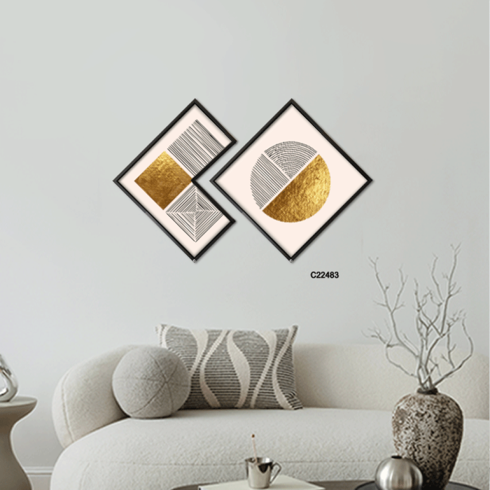 لوحة جدارية كانفس معينات ودوائر بتدرجات الذهبي وأسود وسكري