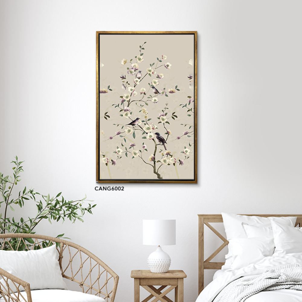 لوحة جدارية كانفس ورد وطيور تدرجات الرمادي مع البيج