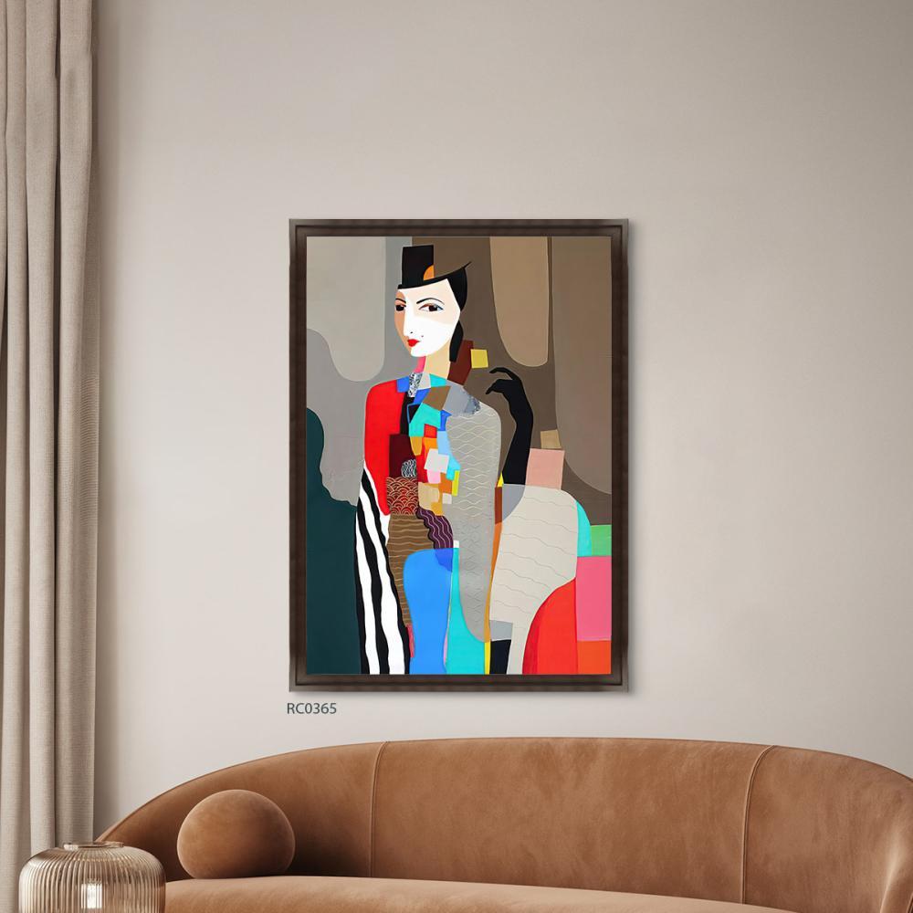 لوحة جدارية كانفس تصورة سيدة بزي عصري تدرجات الازرق مع الاحمر والاصفر
