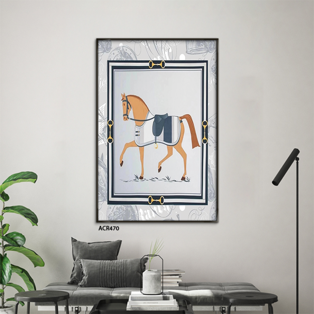 لوحة جدارية اكريليك تتميز بتصميم خيل تدرجات البرتقالي والكحلي مع الأبيض