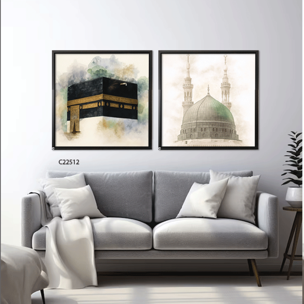 لوحة جدارية كانفس تصور الحرمين الشريفين بتدرجات الاخضر والاسود