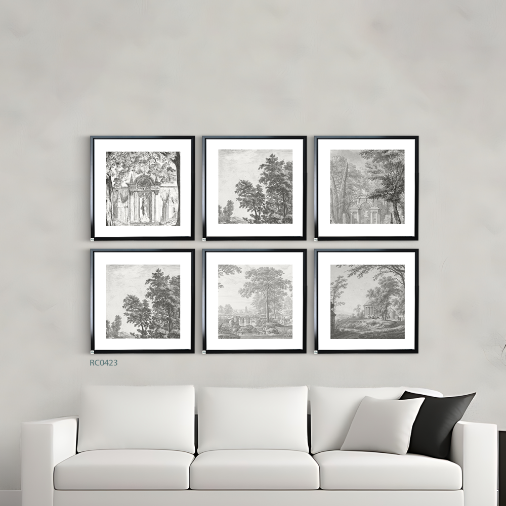 لوحة جدارية كانفس حدائق ومناظر الطبيعية بتدرجات الرمادي والابيض