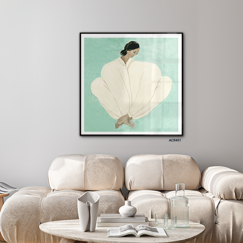 لوحة جدارية اكريليك تصوّر فتاة باسلوب مودرن  تدرجات الأخضر مع البيج