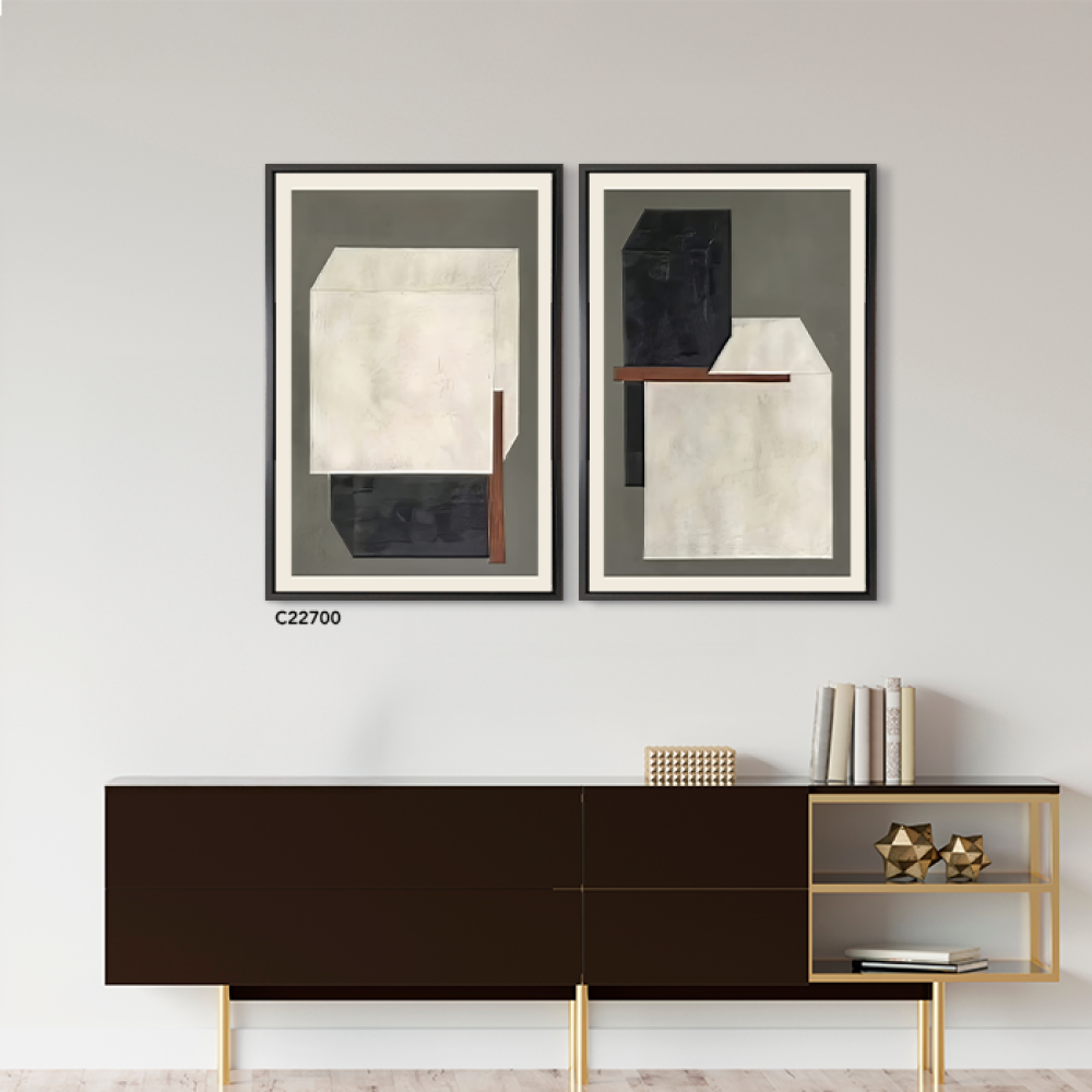 لوحة جدارية كانفس تتكون من جزئين بتصميم هندسي لاشكال مكعبة متداخلة