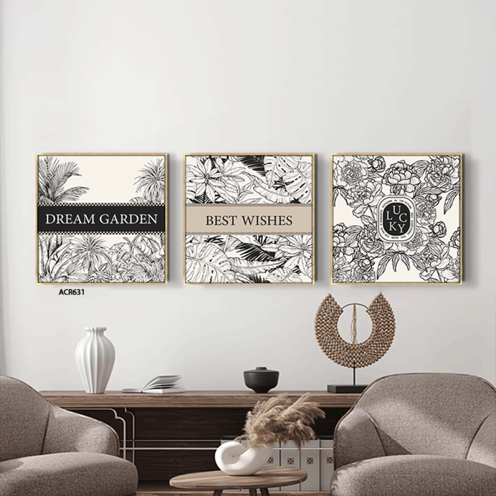 لوحة جدارية اكريليك مقسمة تصور أوراق شجر وورود تدرجات الاسود مع الرمادي