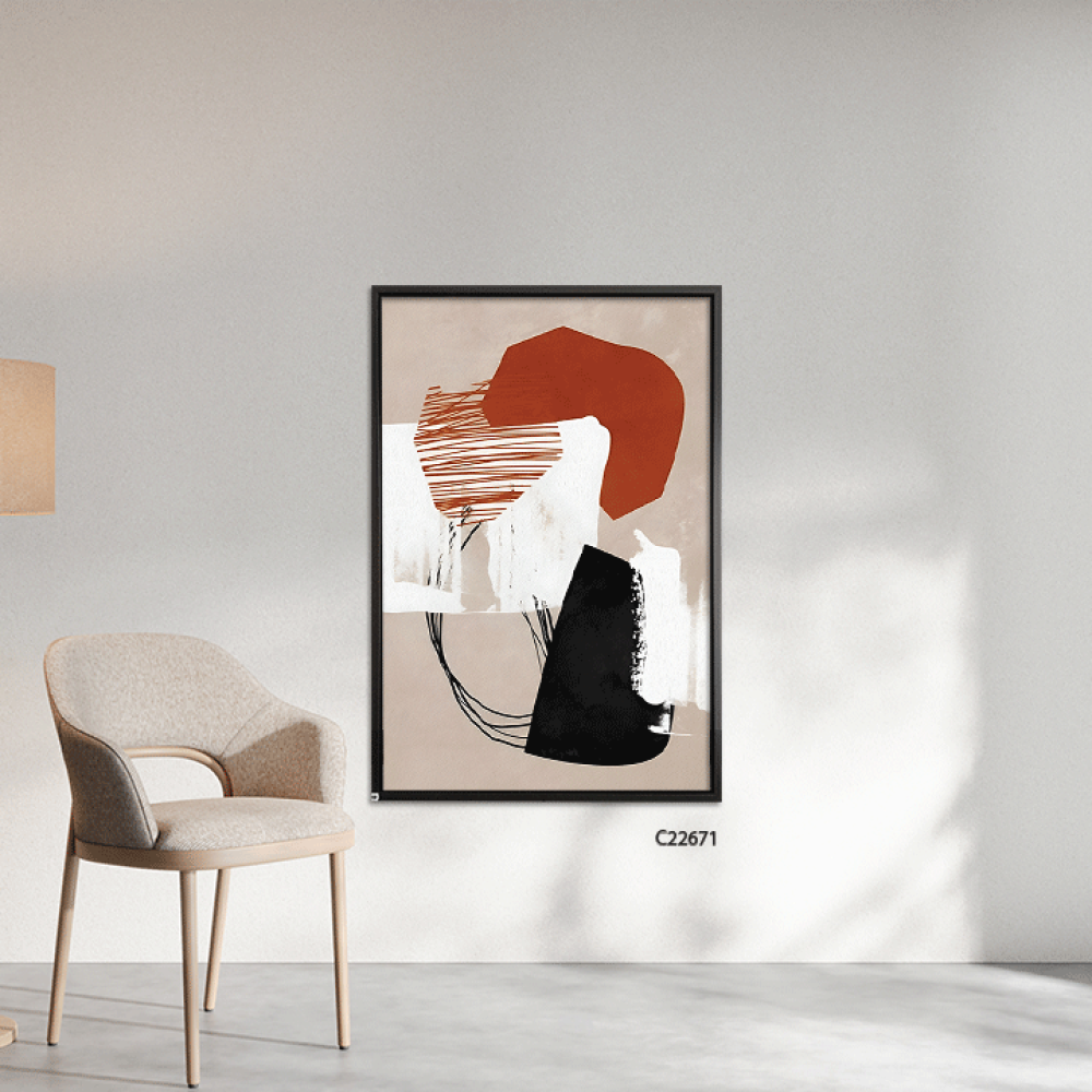 لوحة جدارية كانفس بتصميم لاشكل عشوائي وخطوط بتدرجات الابيض والاسود والبرتقالي