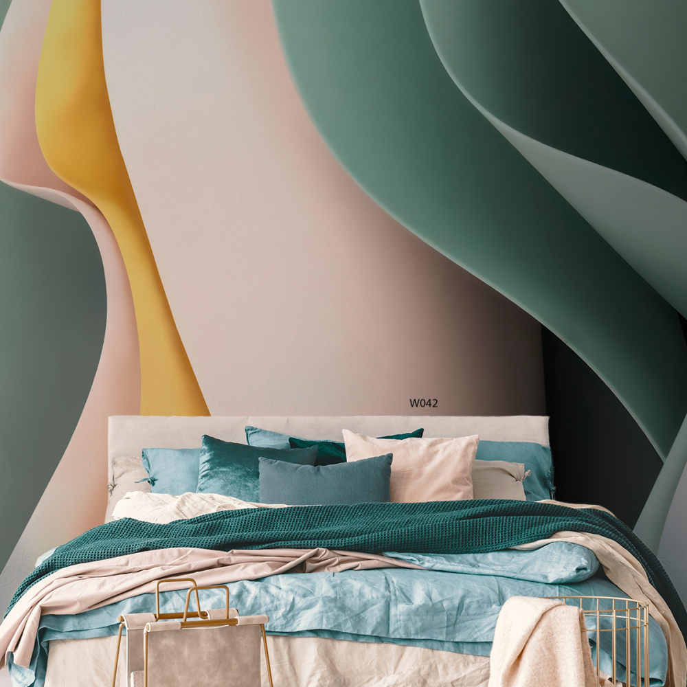 ورق حائط ، نمط ثلاثي الابعاد لشكل طيات - بتدرجات الاخضر والوردي والاصفر