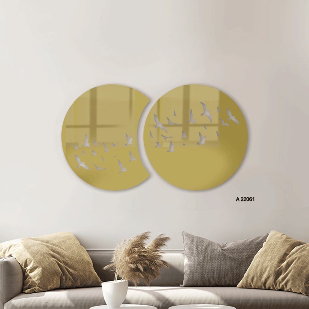 لوحة جدارية اكريليك مقسمة تصور دوائر وعصافير تدرجات الذهبي