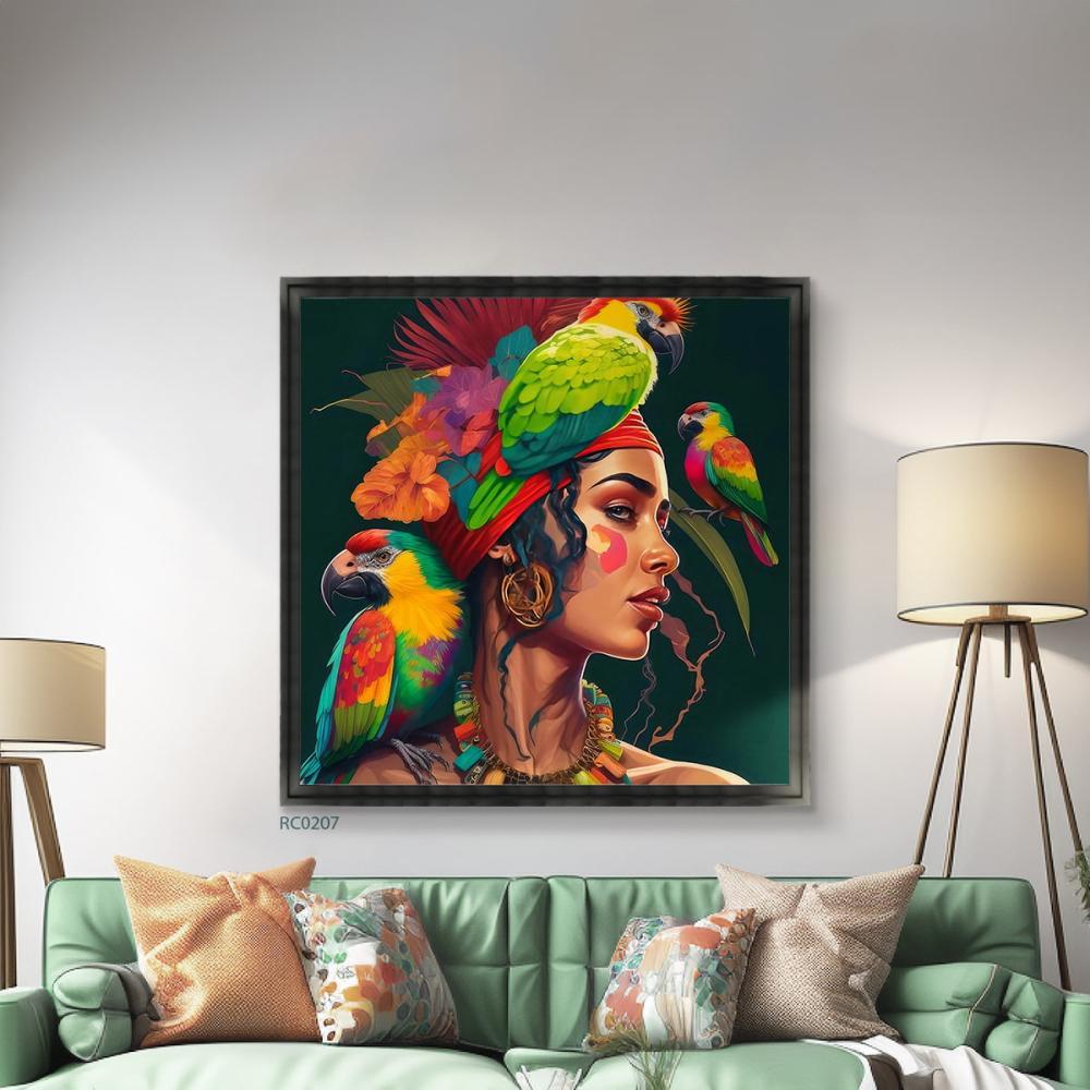 لوحة كانفس فتاة بطابع عصري وطيور كناري تدرجات الاخضر والاورنج مع الاصفر والاحمر