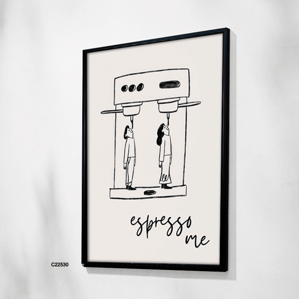 لوحة جدراية تصور الة قهوة كبيرة واشخاص بتدرجات الاسود والابيض
