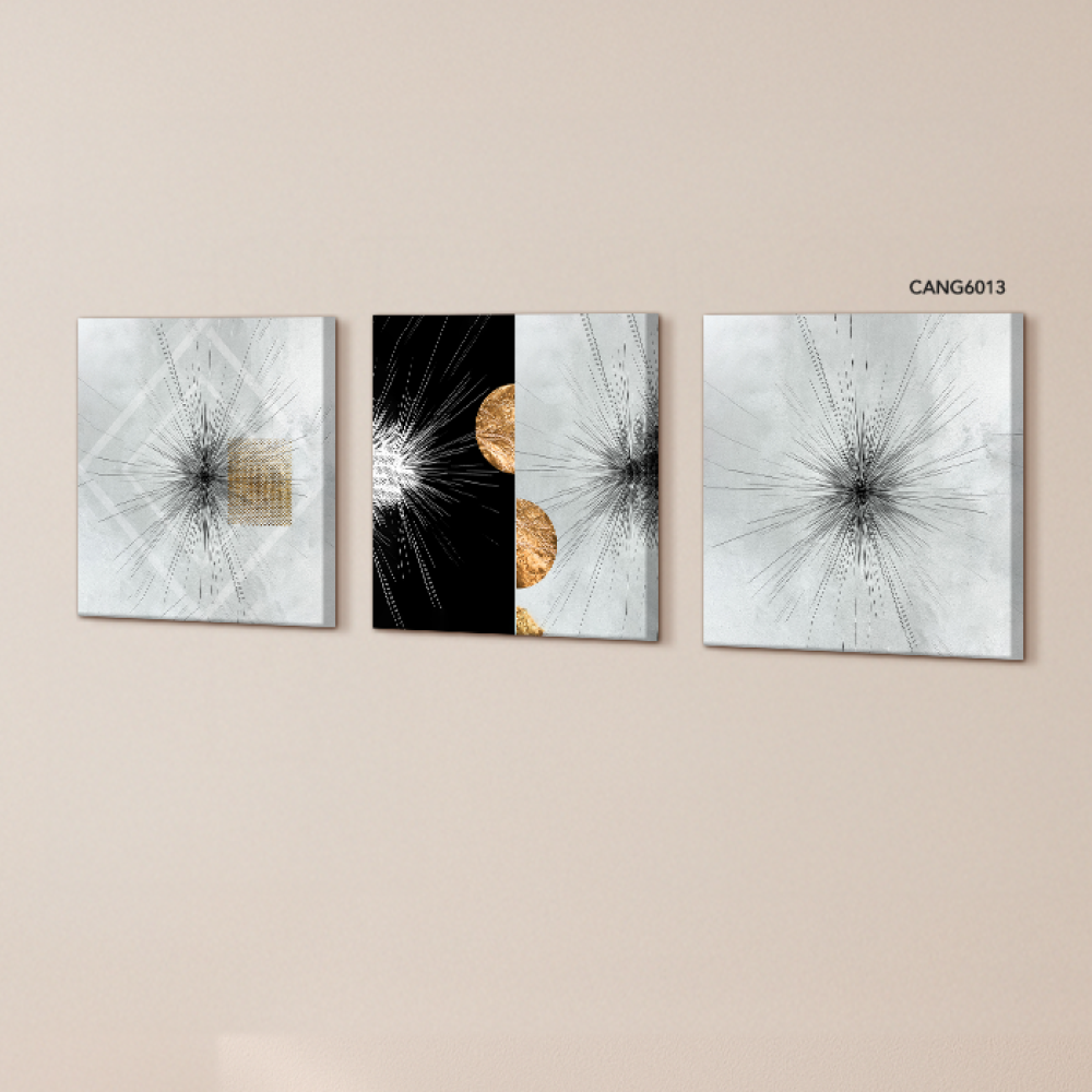 A black canvas wall painting with a golden semicircle