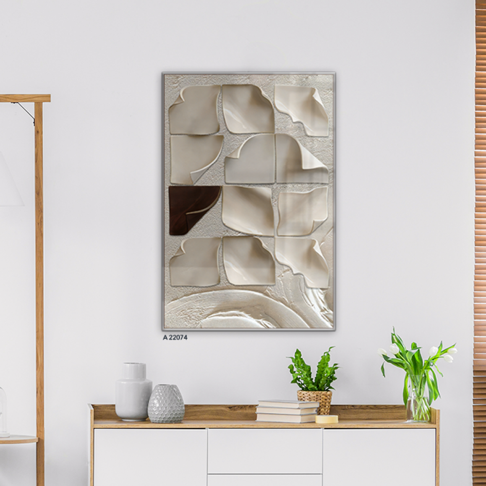 لوحة جدارية أكريليك بتصميم مودرن يضم أوراق ومربعات بتدرجات اللون البني  مع البيج