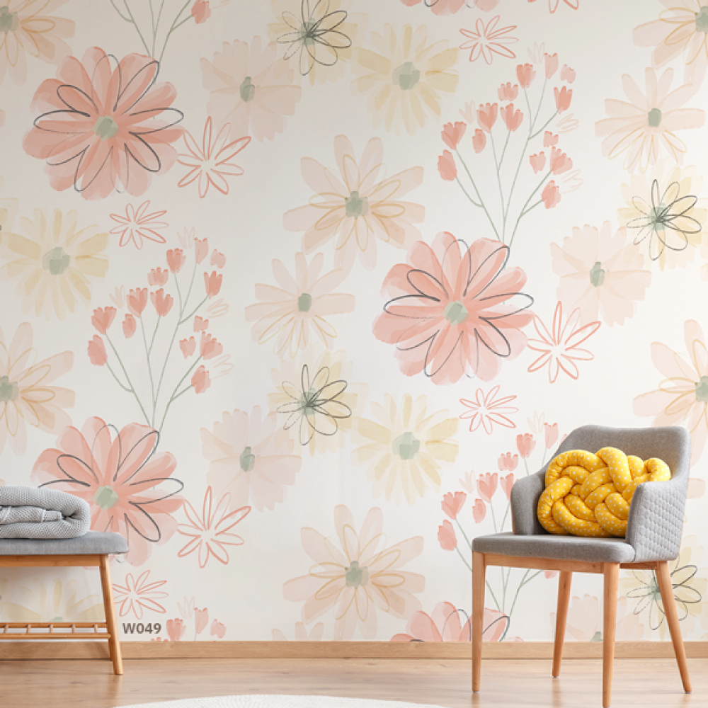 ورق حائط ، بتصميم لزهور نباتية باحجام متعددة بنمط الوان مائية - بتدرجات الوان متعددة فاتحة مثل الوردي والاصفر والاخضر
