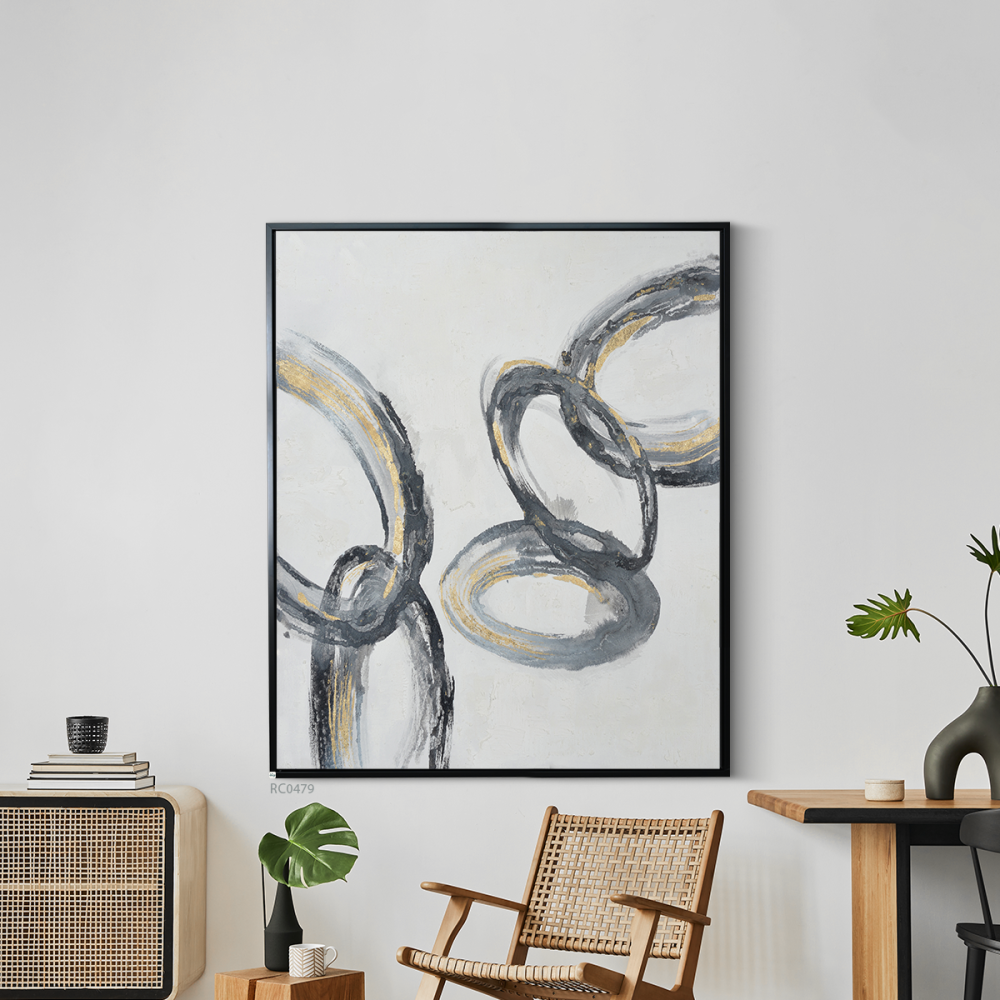 لوحة جدارية كانفس تصور دوائر متداخله باللون الرمادي والذهبي