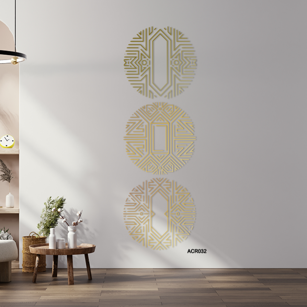 لوحة جدارية أكريليك بتصميم مقسم دوائر بتدرجات الذهبي والبيج.