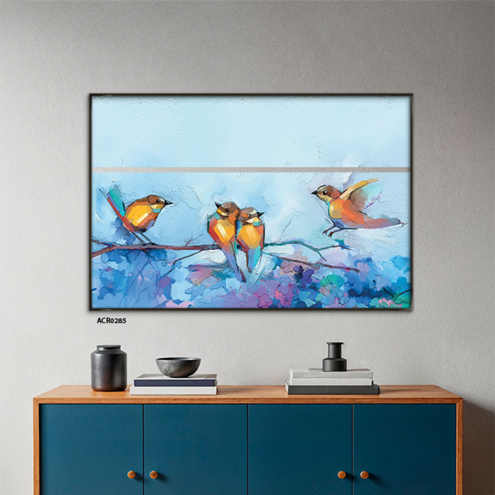 لوحة جدارية اكريليك طيورًا بتدرجات الألوان الزرقاء والبنية مع الوردي.