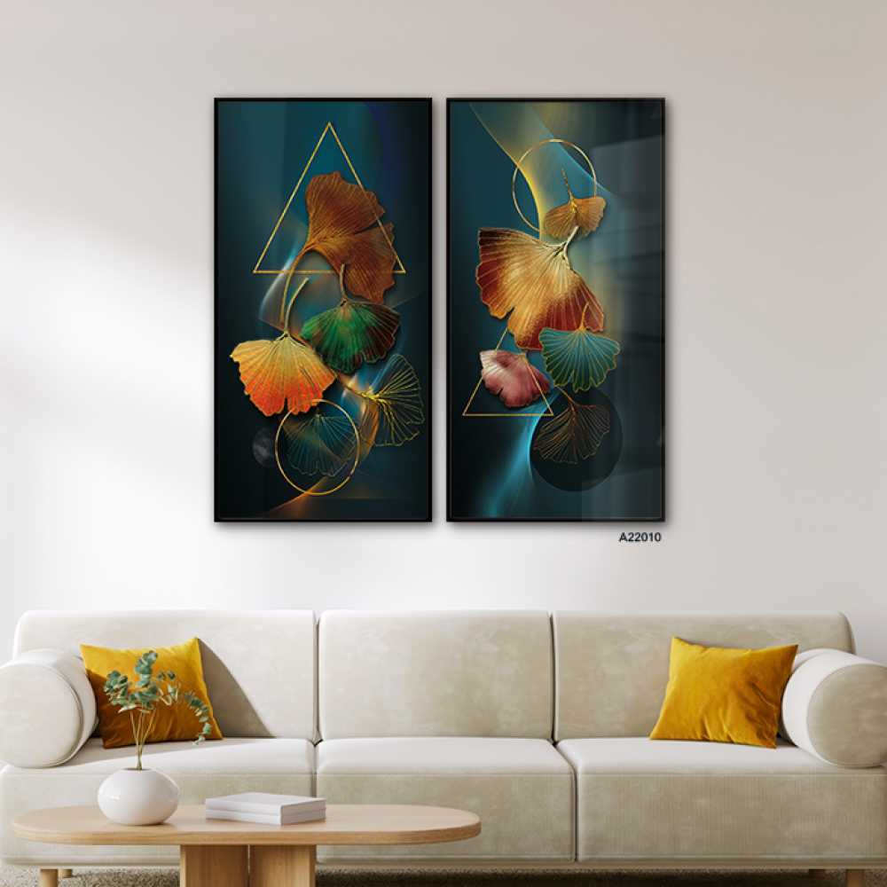 طقم لوحتين جدارية أكريليك مودرن بتصميم أوراق شجر ذهبية وأشكال هندسية