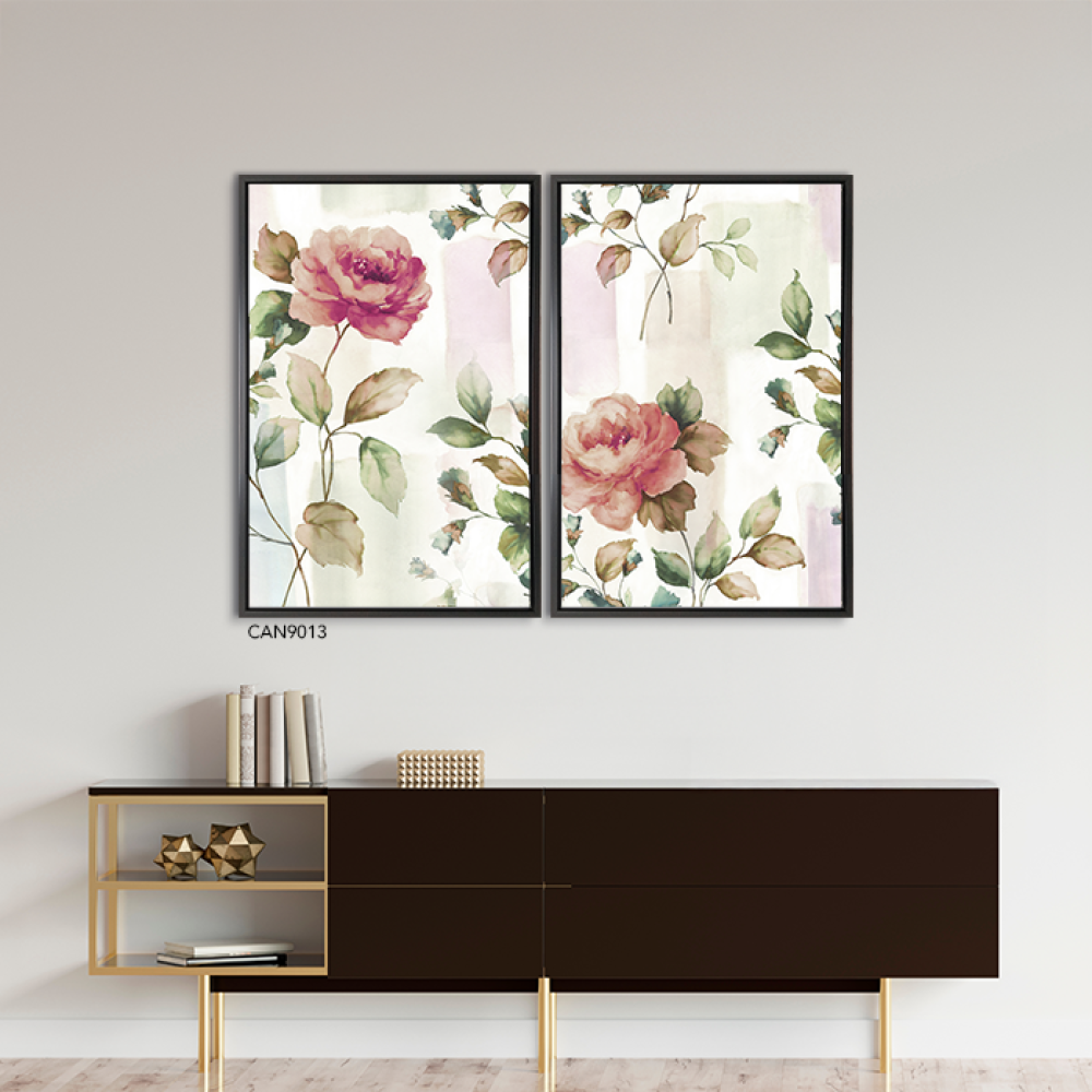 لوحة جدارية كانفس مقسمة ، ورد وأغصان - درجات الأخضر والوردي مع البيج والأبيض