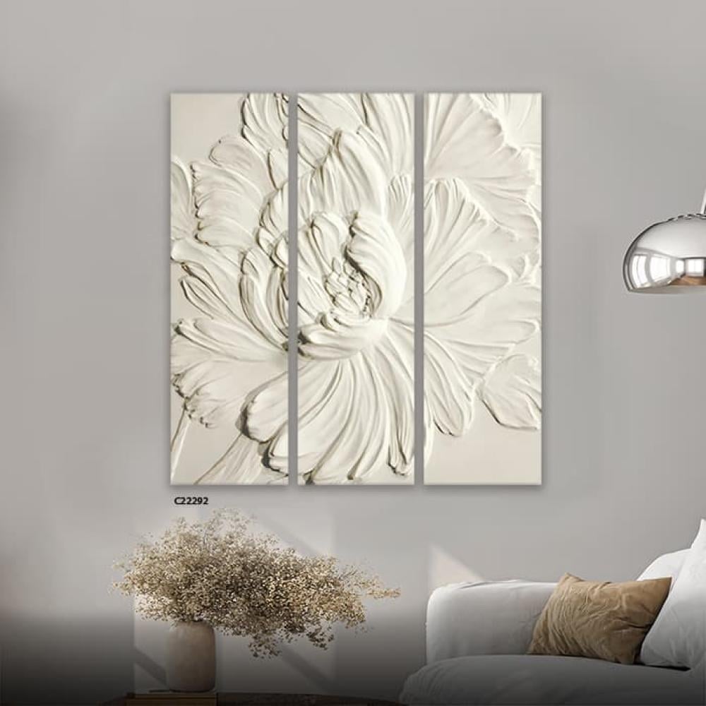 لوحة جدارية كانفس مقسمة  ، وردة بطابع جبسي - اللون الأبيض