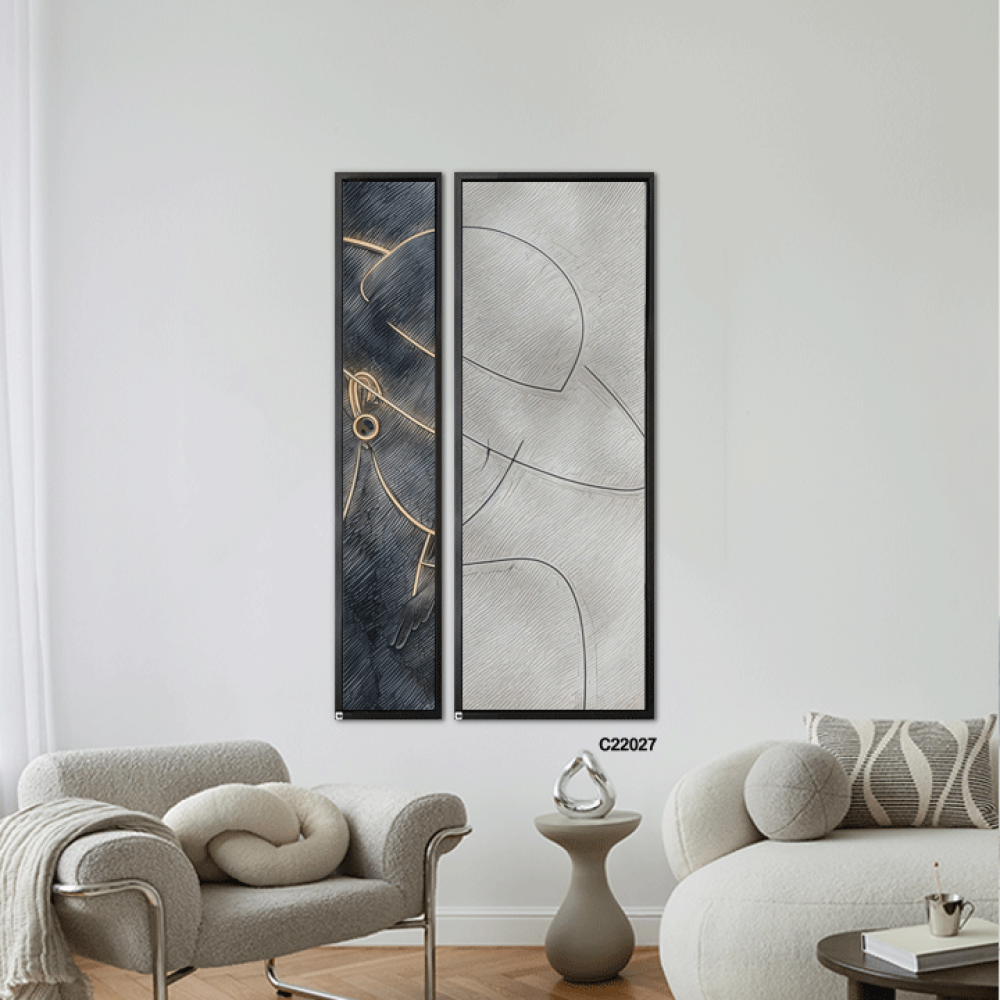 لوحة جدارية كانفس تتكون من جزئين تصور ملامح جانبية لامرأة ترتدي قبعة