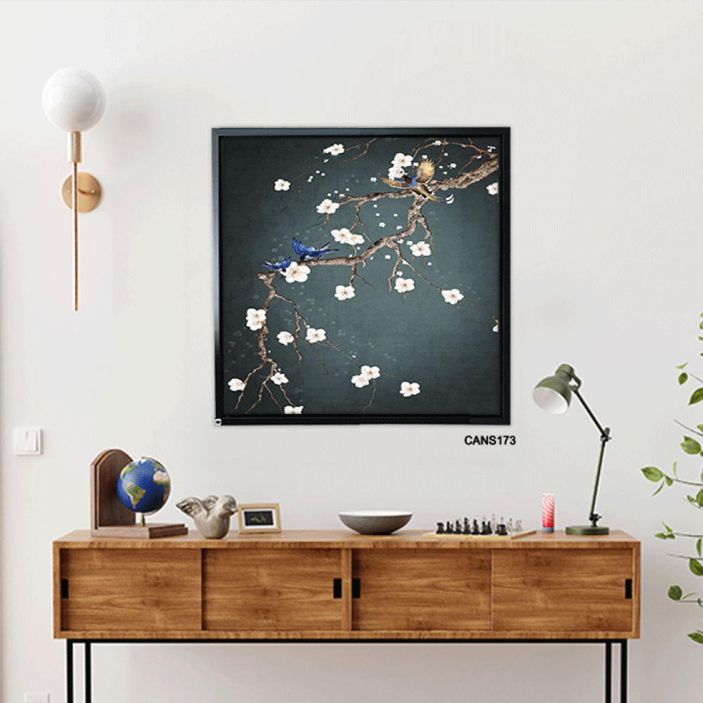 لوحة جدارية كانفس ورود وأغصان تدرجات الأخضر(الزيتي) مع الأبيض والأزرق