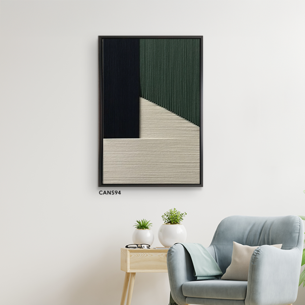 لوحة  جدارية كانفس تداخل هندسي تدرجات البيج والأخضر مع الكحلي