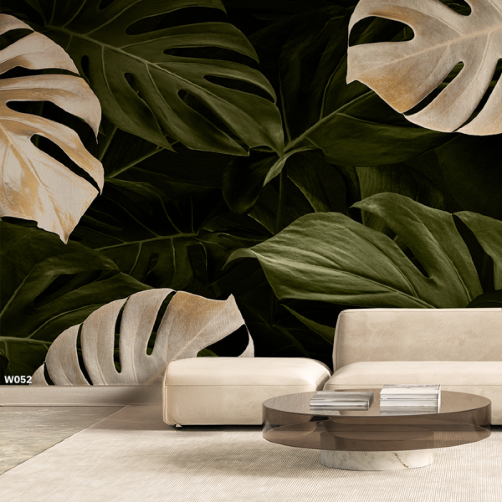 ورق حائط ، بتصميم لورق شجر بأحجام كبيرة - بتدرجات البيج والاخضر وخلفية من الاخضر الغامق