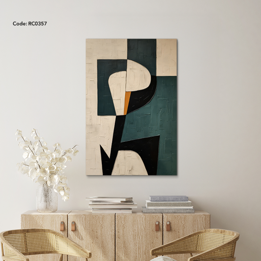 A canvas wall painting featuring a modern design in shades of green, beige, and black.