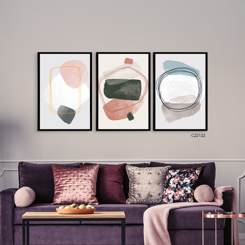 لوحة جدارية كانفس مقسمة ، أشكال - تدرجات الأخضر الزيتي مع الوردي  - فن بوهيمي