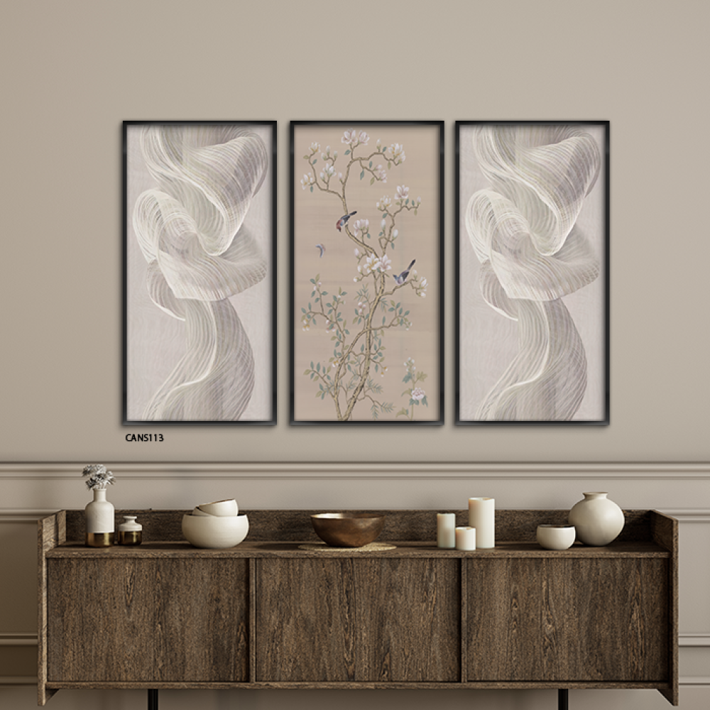 لوحة جدارية كانفس مقسمة، ورود وأغصان وتموجات-تدرجات البني والبيج