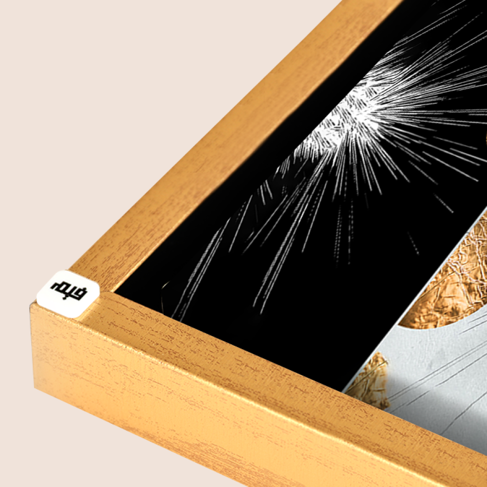 A black canvas wall painting with a golden semicircle