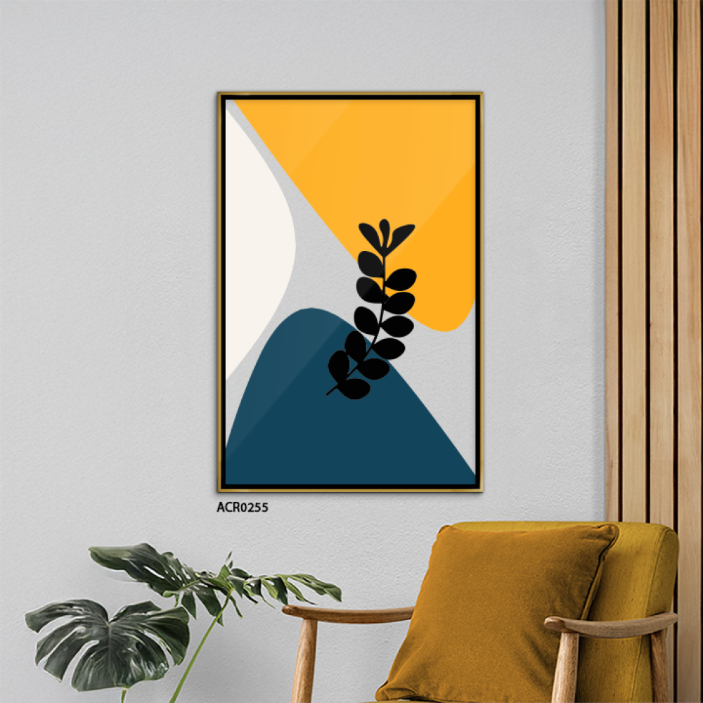 لوحة جدارية اكريليك ورقة شجر بأطراف دائرية بالألوان الأصفر والزيتي مع البيج