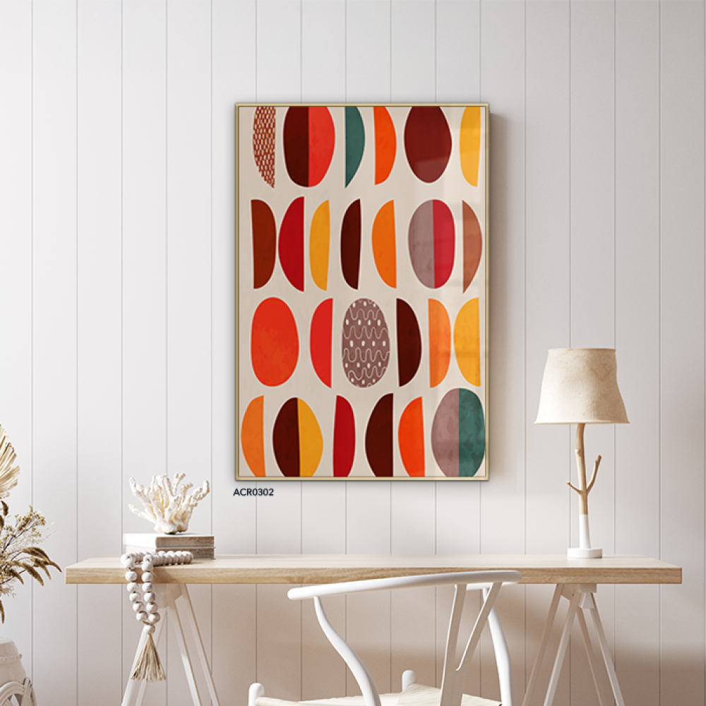 لوحة جدارية أكريليك  بتصميم يضم أنصاف دوائر،  تدرجات البرتقالي والأخضر والبني مع الأصفر