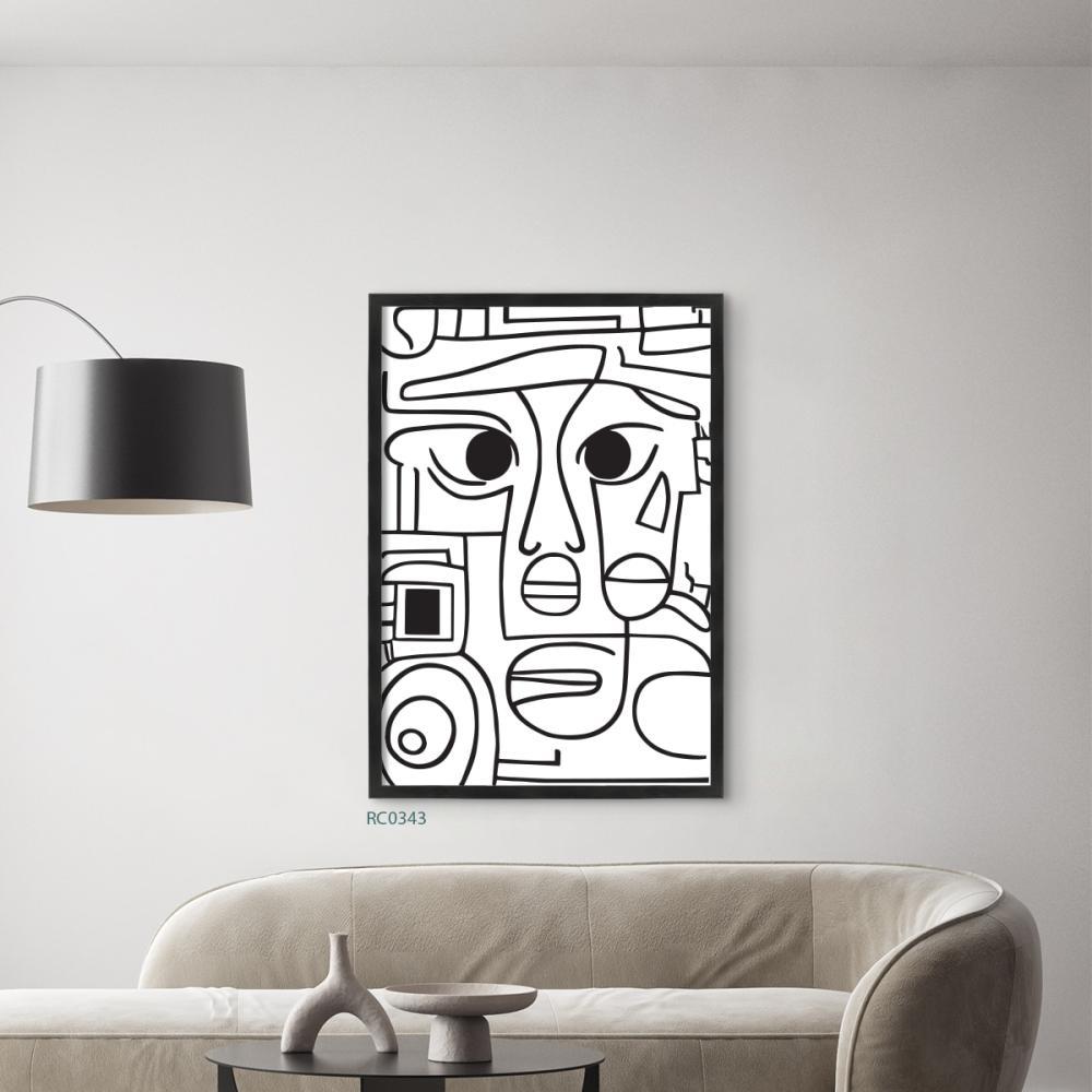 لوحة جدارية كانفس وجه واشكال وخطوط- الاسود والأبيض - فن تجريدي